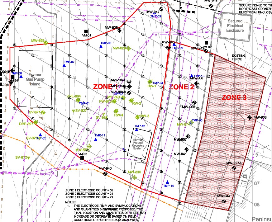Electrode layout plan showing three treatment zones at Jackson Park