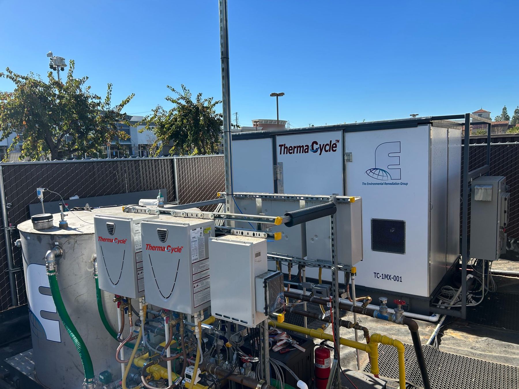 ThermaCycle system at an active Southern California site: the TC-1MX-001 recirculation enclosure, dual ThermaCycle heaters, controls and amendment tank
